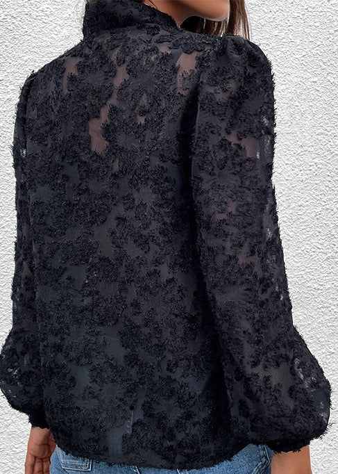 FASHION JACQUARD FLOCKED LONG-SLEEVED BOW-KNOT SHIRT FINAL SALE NO RETURNS OR EXCHANGES