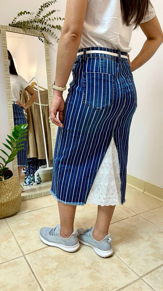 STRIPED DENIM BACK SLIT PENCIL SKIRT (FINAL SALE NO RETURN OR EXCHANGES)