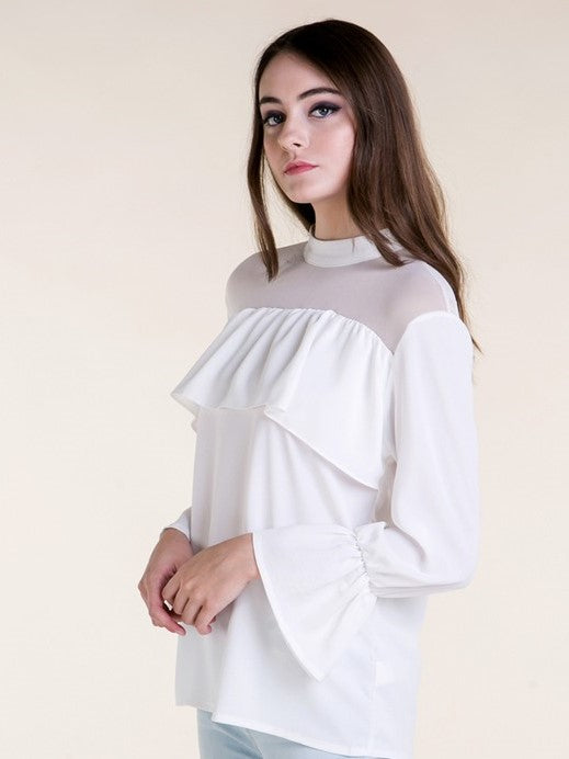 High Neck Ruffled Front Chiffon Top