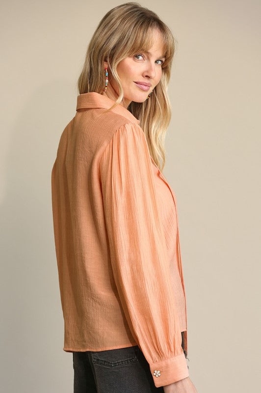 Pintuck Detail Flower Button Down Blouse