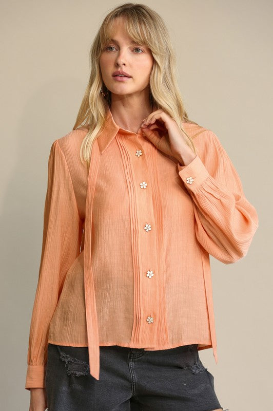 Pintuck Detail Flower Button Down Blouse