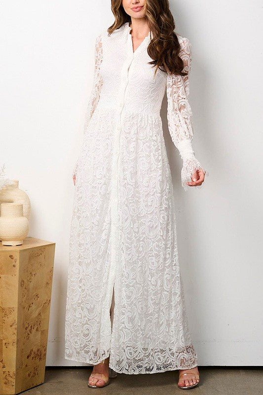 LONG SLEEVE BUTTON UP ALL OVER LACE MAXI DRESS