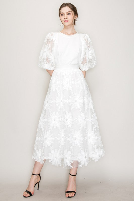 High Waist Floral Applique Dots Tulle Long Skirt