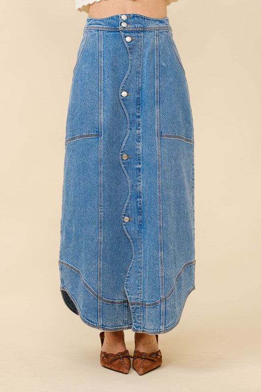 Wavy Placket Denim Maxi Skirt