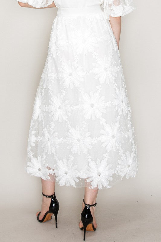 High Waist Floral Applique Dots Tulle Long Skirt