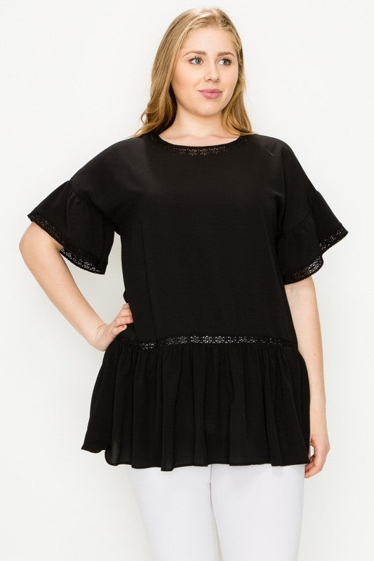 Plus Size Koshibo Solid Crochet Ruffled Top FINAL SALE NO RETURNS OR EXCHANGES