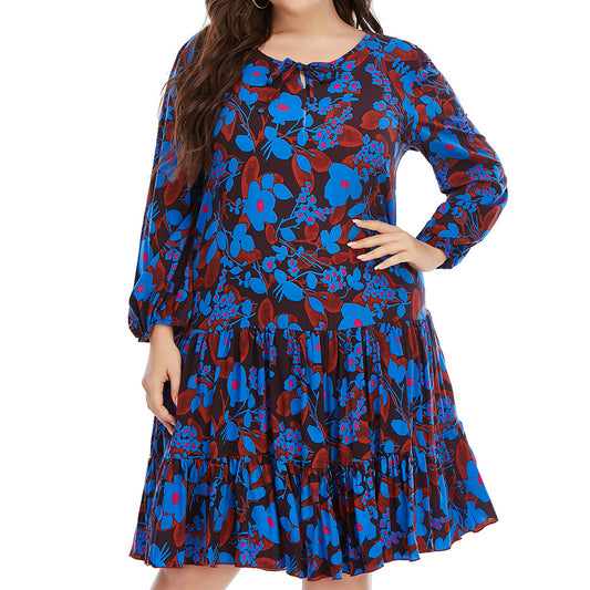 PLUS SIZE CASUAL FLORAL DRESS LONG SLEEVE LOSE SWING DRESSES FINAL SALE NO RETURNS OR EXCHANGES