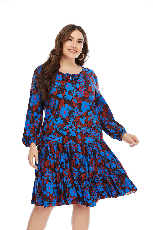 PLUS SIZE CASUAL FLORAL DRESS LONG SLEEVE LOSE SWING DRESSES FINAL SALE NO RETURNS OR EXCHANGES