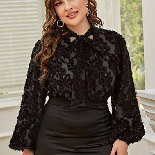 FASHION JACQUARD FLOCKED LONG-SLEEVED BOW-KNOT SHIRT PLUS SIZE FINAL SALE NO RETURNS OR EXCHANGES